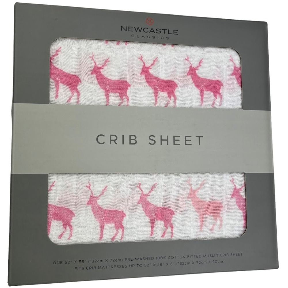 Pink Deer Cotton Muslin Fitted Baby Crib Sheet White Standard Mattress NWT‎